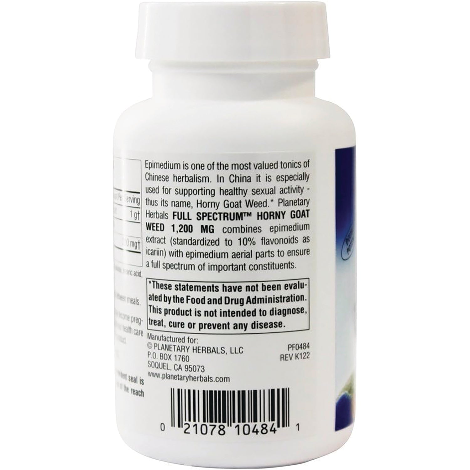 PF060 | Back label of white supplement bottle showing Horny Goat Weed 1,200 MG text, FDA disclaimer, and barcode