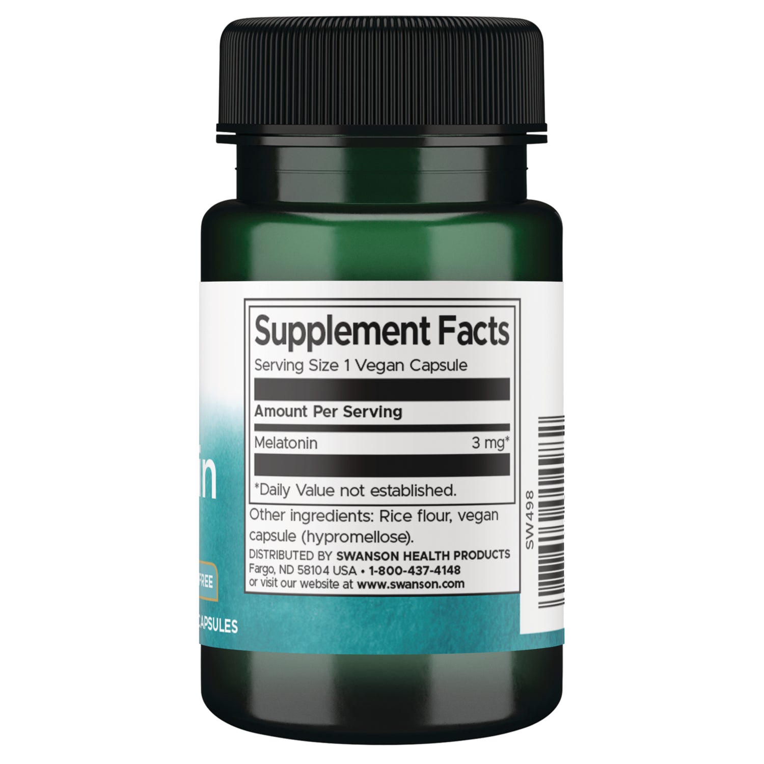 SW498 | Supplement Facts panel for melatonin 3 mg, serving size 1 capsule