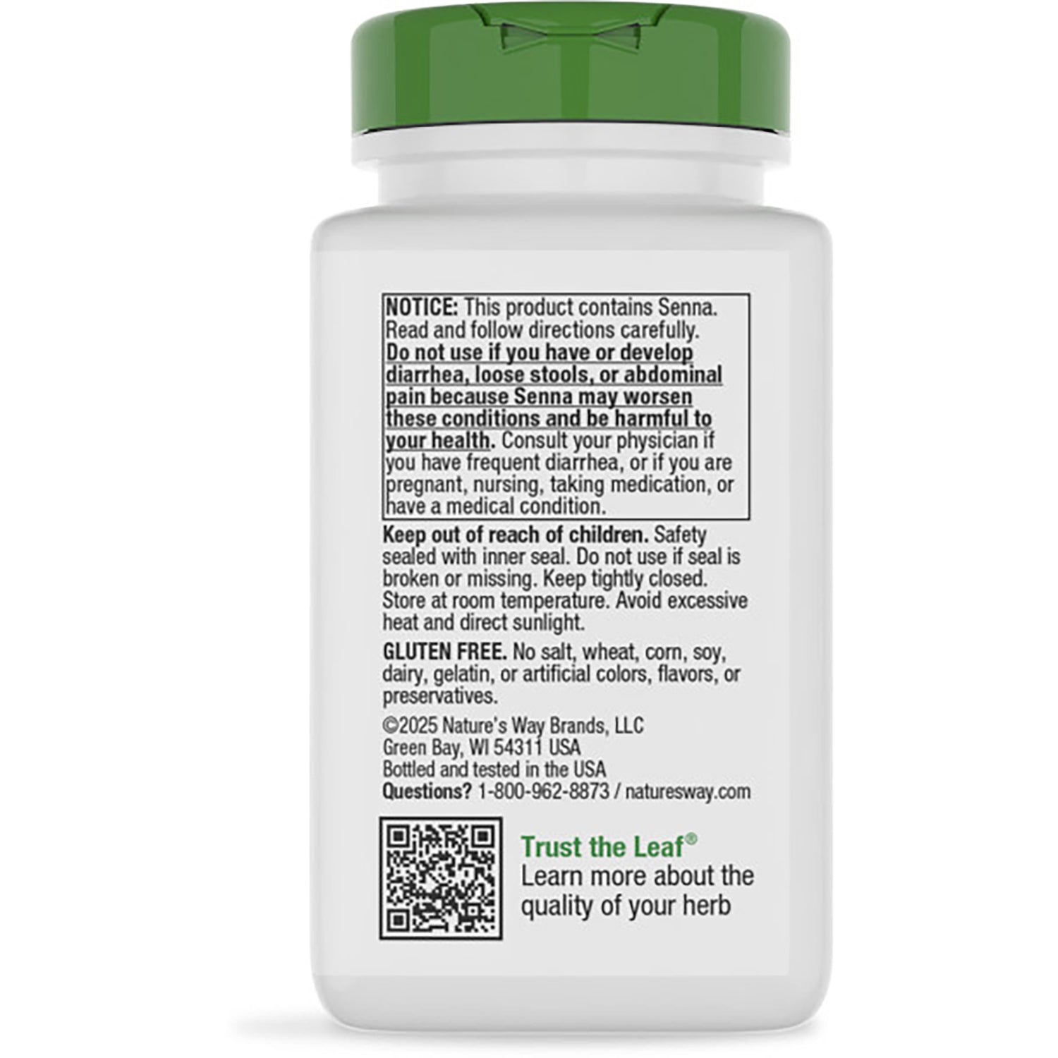 NW167 | Back of dark supplement bottle showing green label with relief claims, usage text, gluten free note and barcode