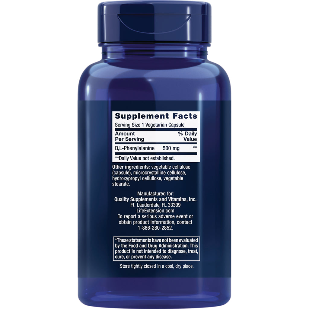 LE303 | Back label of blue supplement bottle showing Supplement Facts, D,L-Phenylalanine 500 mg and other ingredients - Thumbnail