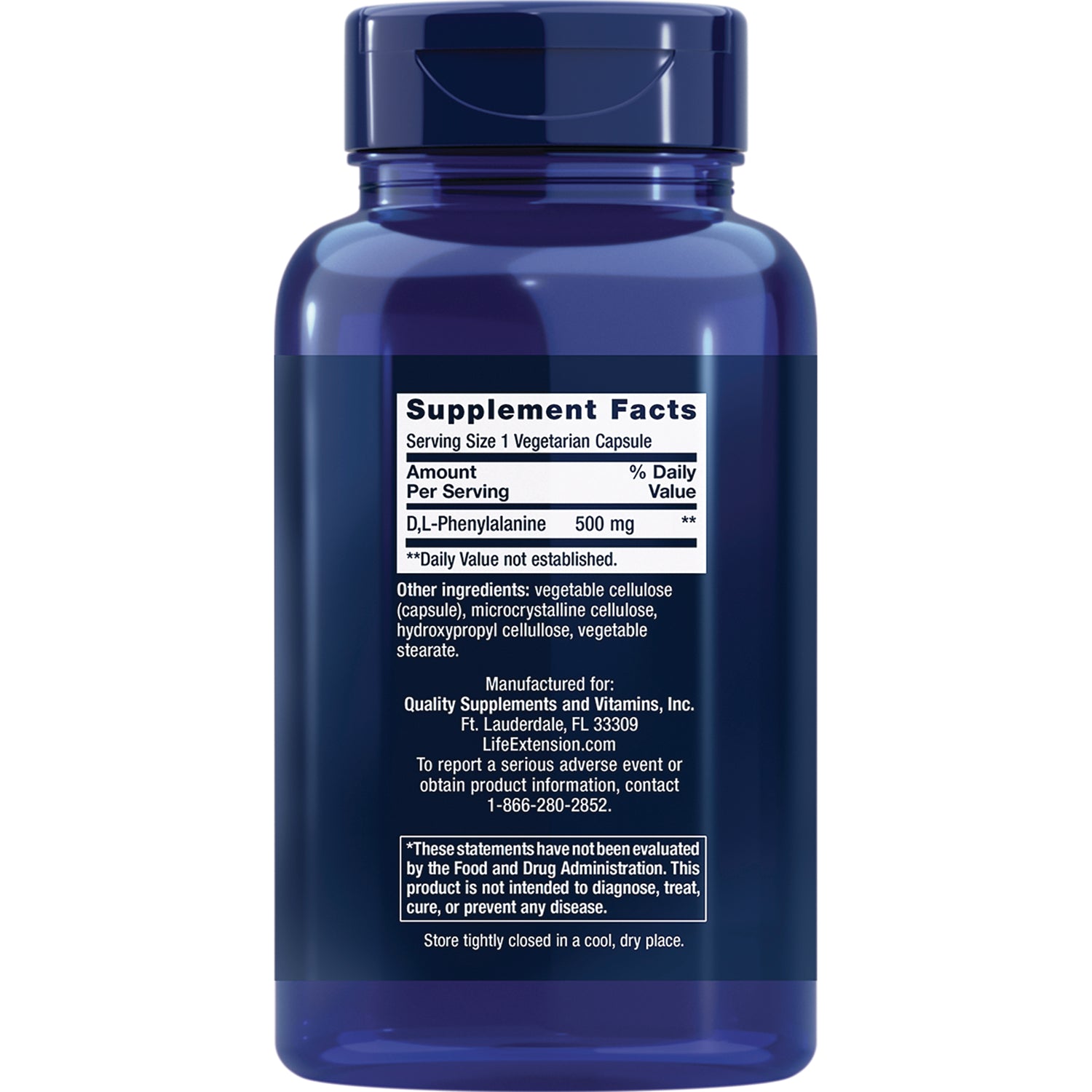 LE303 | Back label of blue supplement bottle showing Supplement Facts, D,L-Phenylalanine 500 mg and other ingredients
