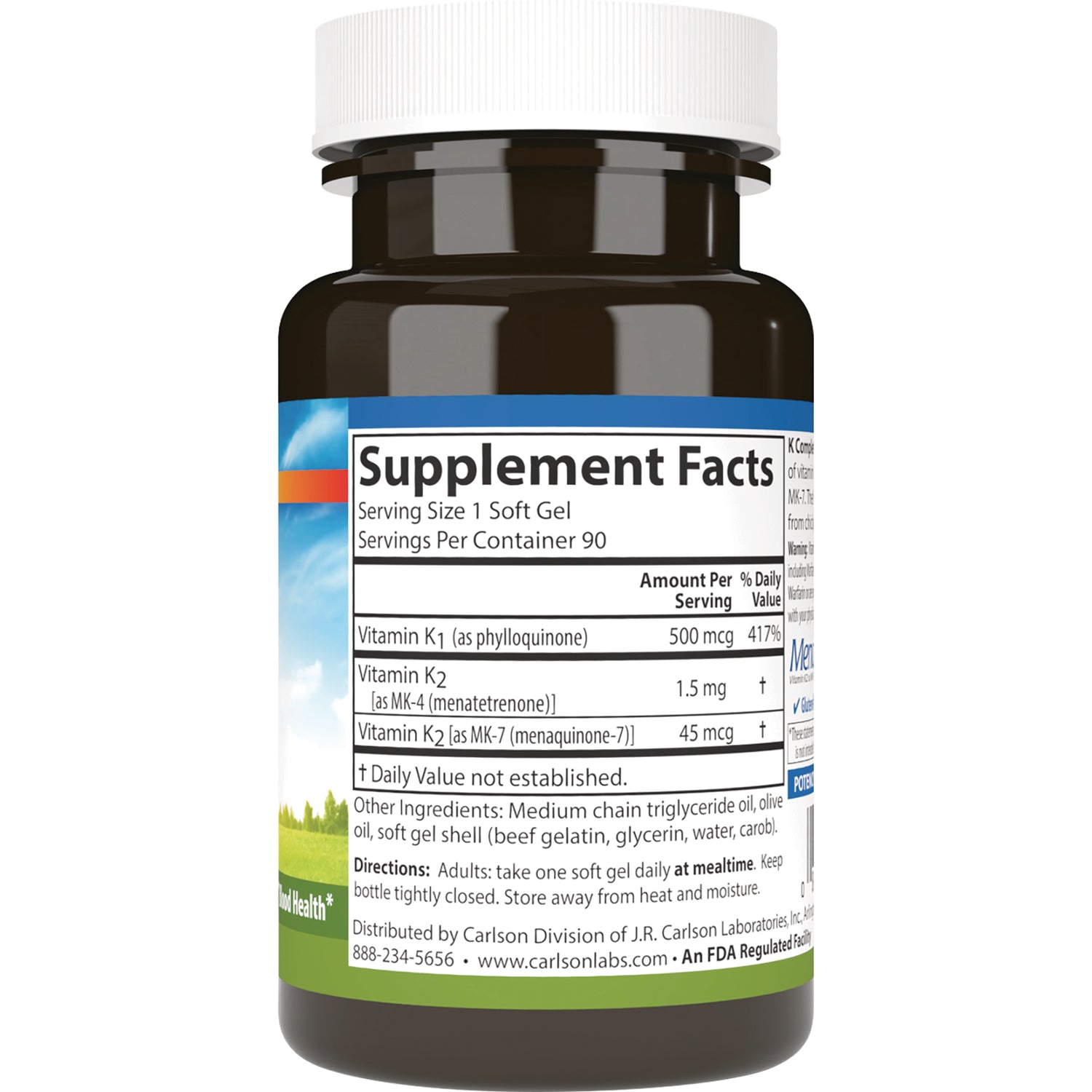 Supplement Facts label on back of brown bottle showing serving size, Vitamin K1 and K2 amounts and ingredient list