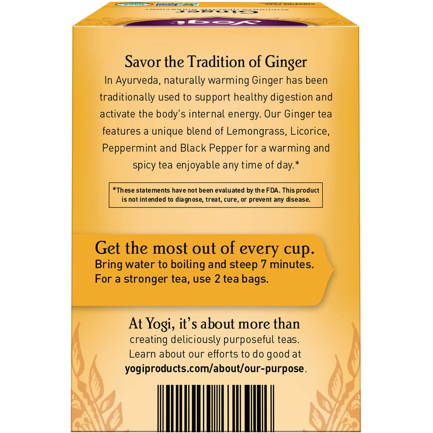 AHW007 | Back panel with Savor the Tradition of Ginger and brewing directions: steep 7 minutes, use 2 bags