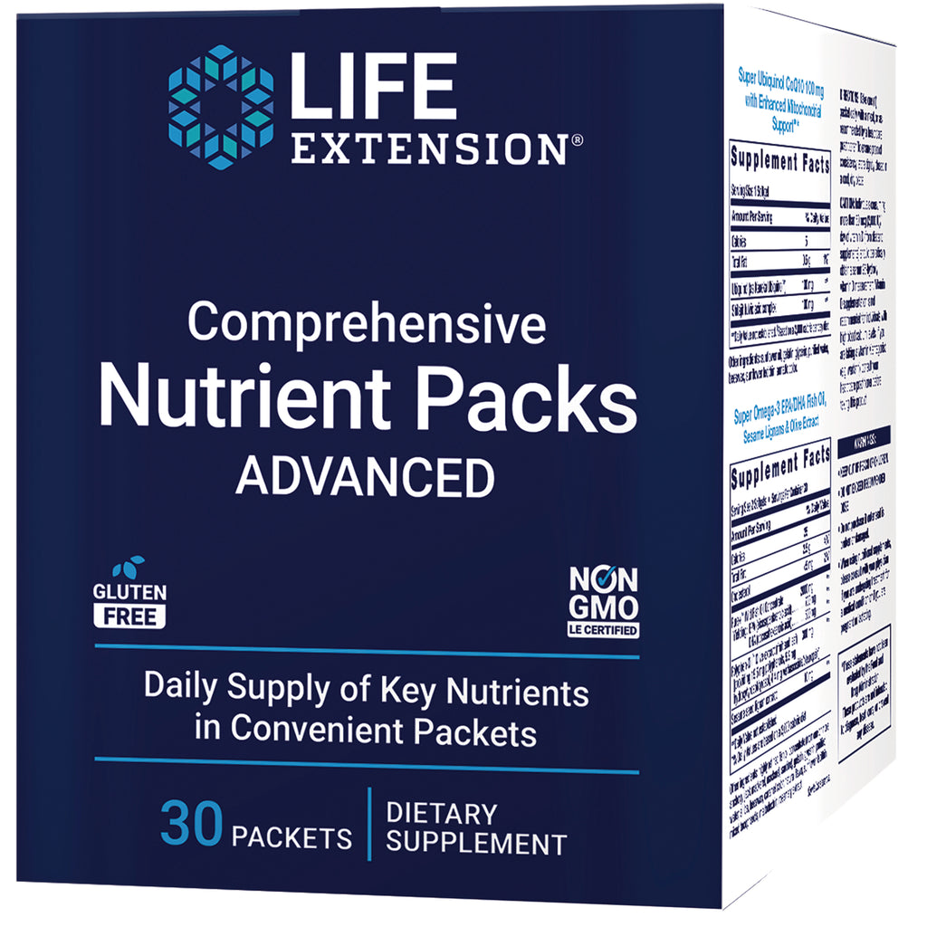 LE495 | Life Extension Comprehensive Nutrient Packs ADVANCED box front showing brand, 30 packets, gluten free and Non GMO labels - Thumbnail