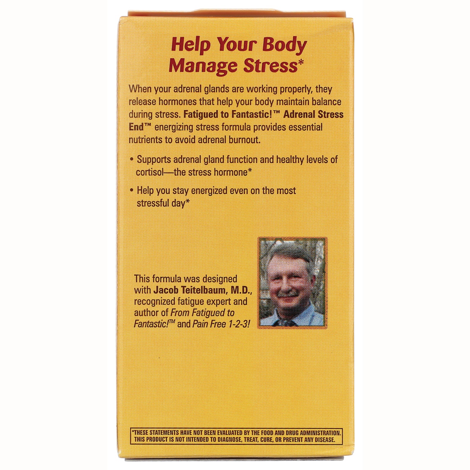 ET035 | yellow product infographic panel reading Help Your Body Manage Stress with benefits text and small photo of Jacob Teitelbaum
