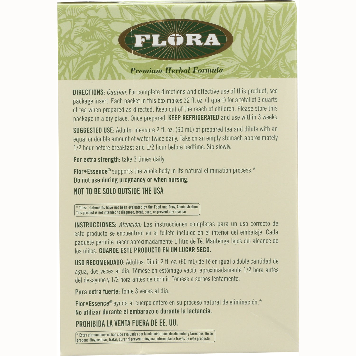 FL004 | Back of Flora herbal formula box with directions, suggested use, KEEP REFRIGERATED and Spanish instructions