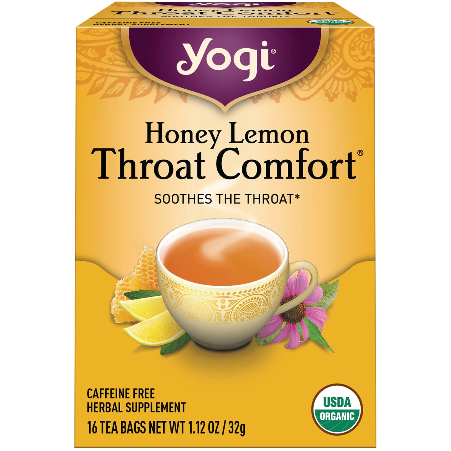 AHW041 | Yogi Honey Lemon Throat Comfort tea box, caffeine free, 16 tea bags, USDA Organic