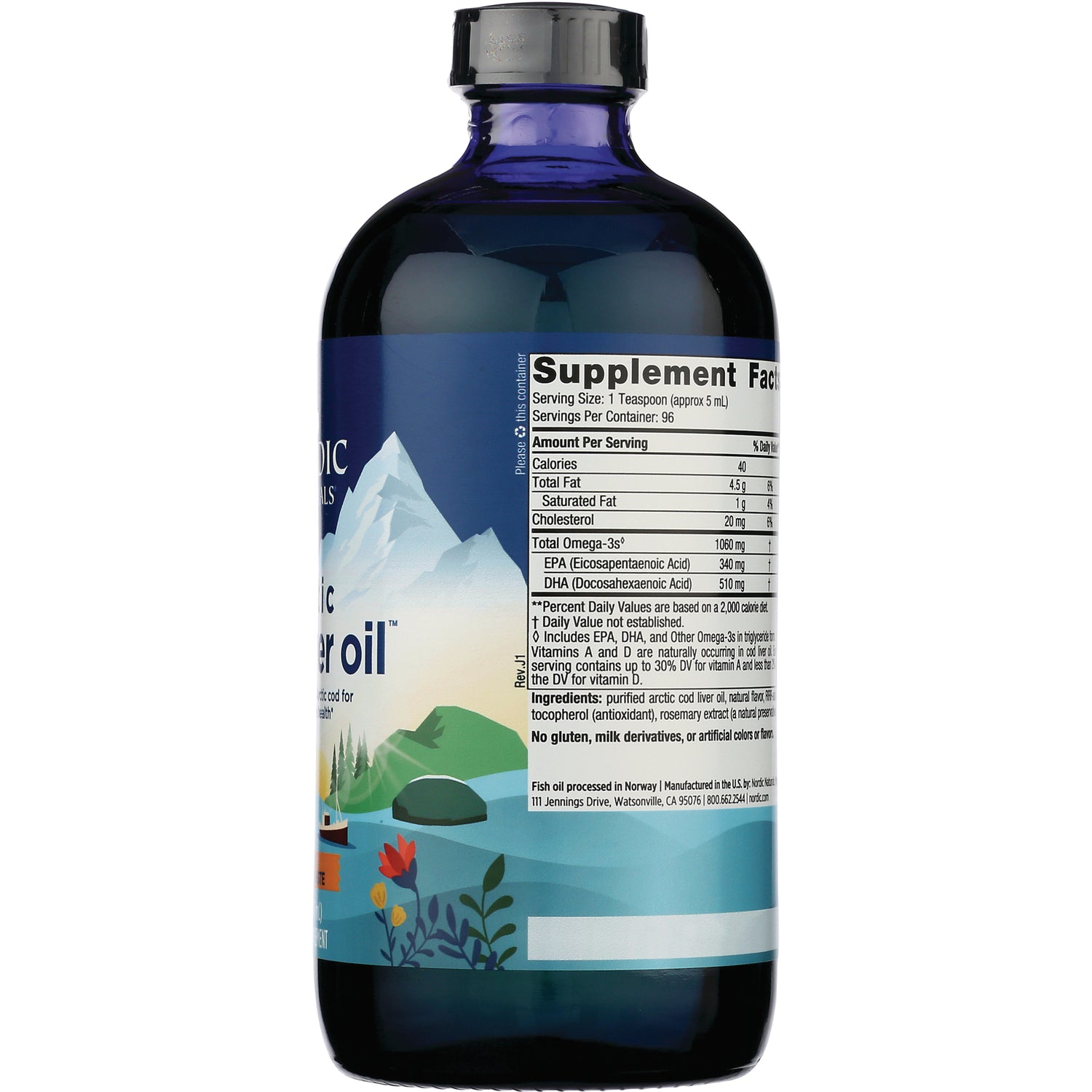 NRN011 | Back of blue supplement bottle showing Supplement Facts panel and scenic label artwork