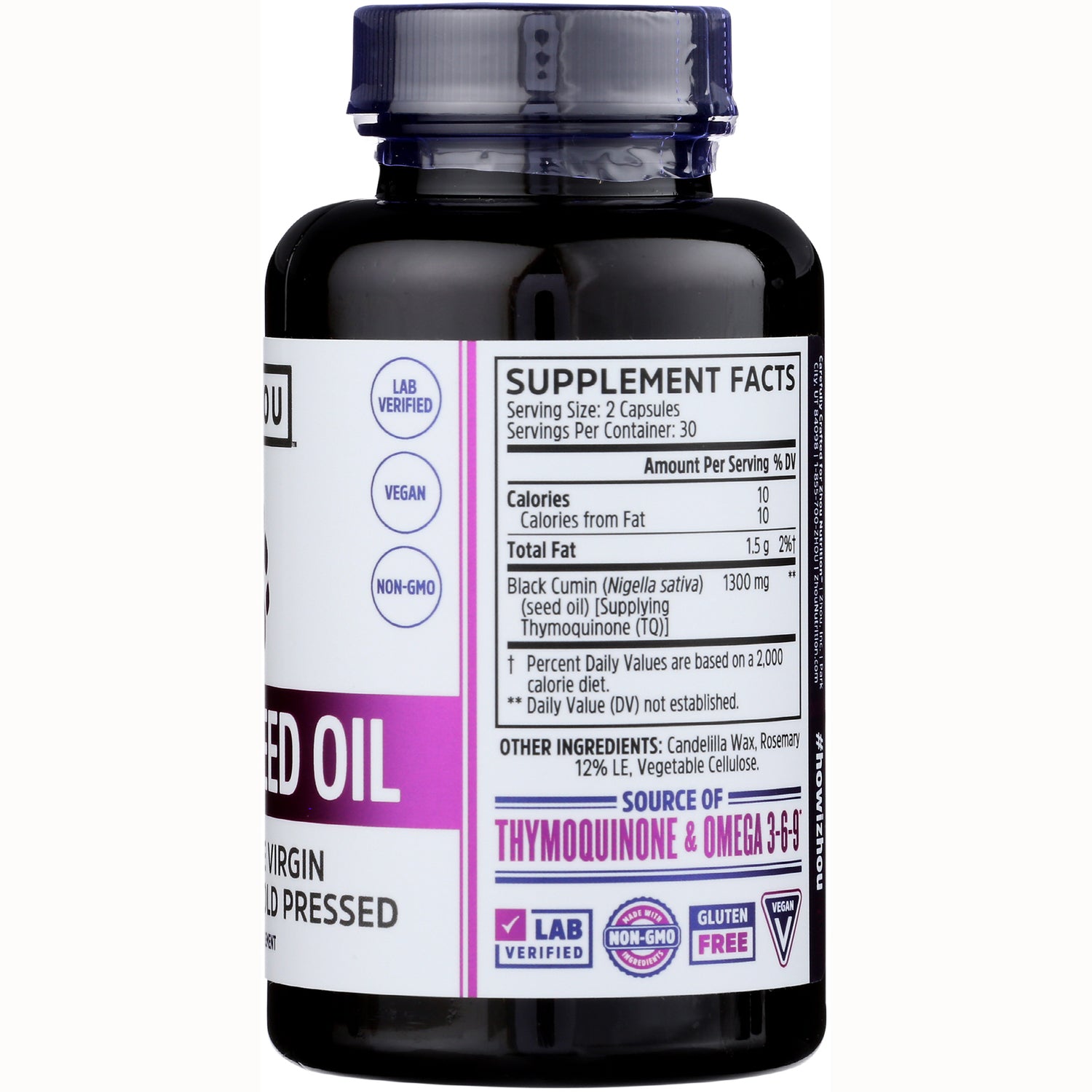 ZOU001 | Back of black seed oil supplement bottle showing Supplement Facts and Thymoquinone & Omega 3-6-9