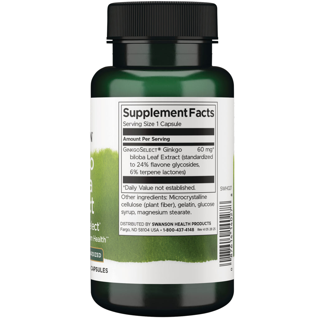 SWH027 | Supplement Facts panel for GinkgoSelect Ginkgo Biloba Leaf Extract 60 mg, serving size 1 capsule - Thumbnail