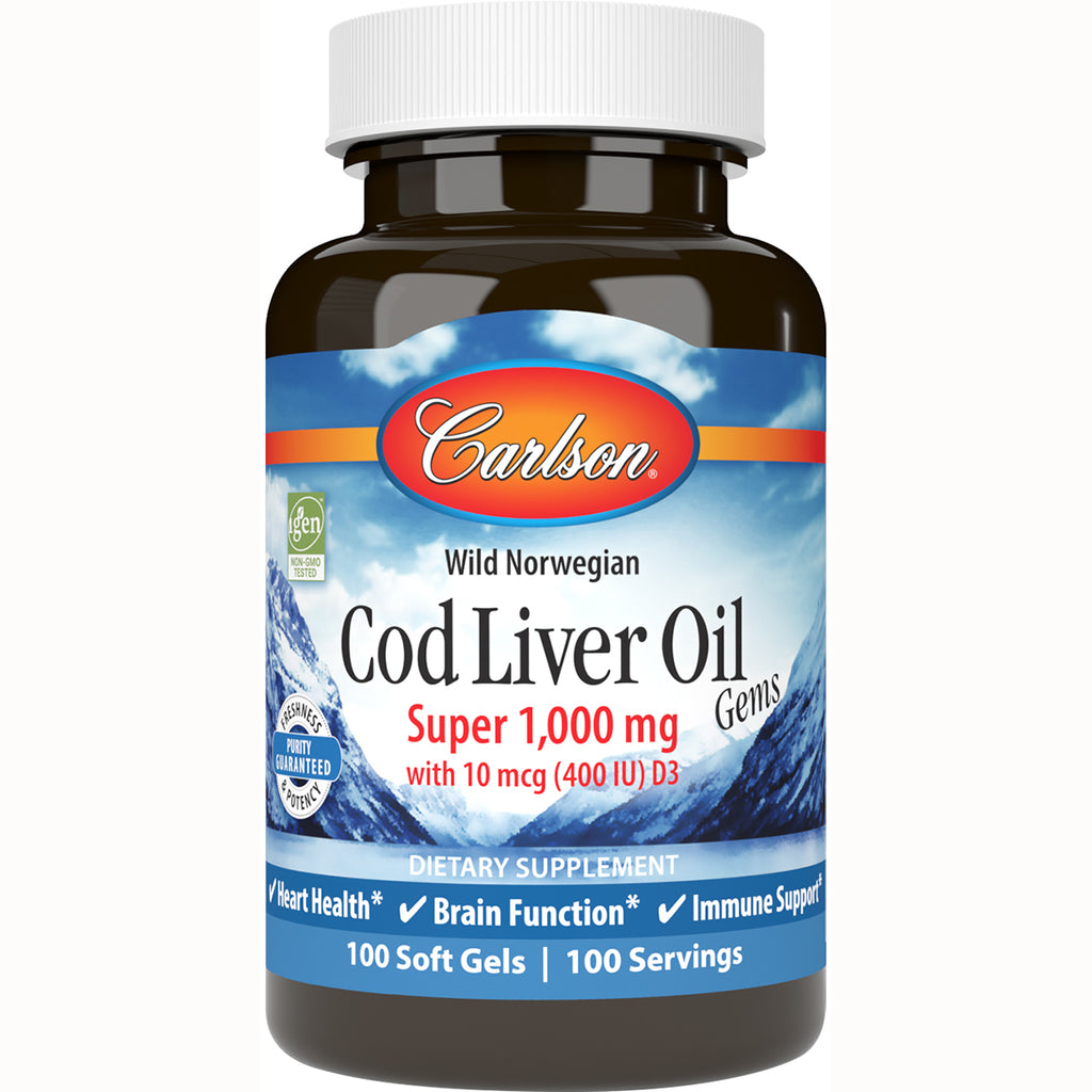 CSN019 | Carlson Cod Liver Oil Super 1,000 mg bottle, 100 soft gels, Wild Norwegian label - Thumbnail