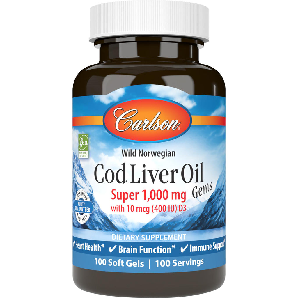 CSN019 | Carlson Cod Liver Oil Super 1,000 mg bottle, 100 soft gels, Wild Norwegian label - Thumbnail