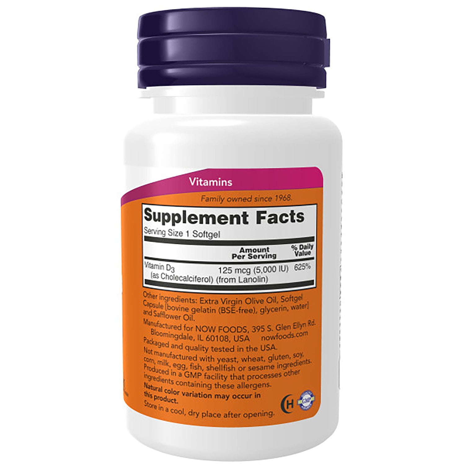 NWF182 | bottle back label showing Supplement Facts, ingredients, and directions for vitamin D3 softgel