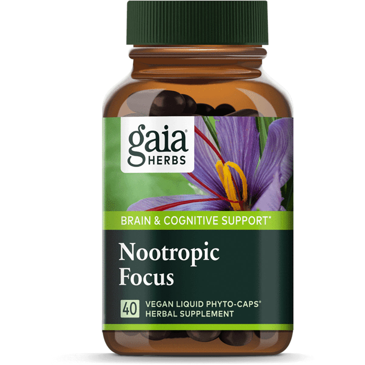 GH125 | Gaia Herbs Nootropic Focus brown bottle with green cap and saffron flower label, 40 vegan liquid phyto-caps