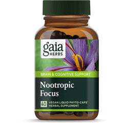 GH125 | Gaia Herbs Nootropic Focus brown bottle with green cap and saffron flower label, 40 vegan liquid phyto-caps