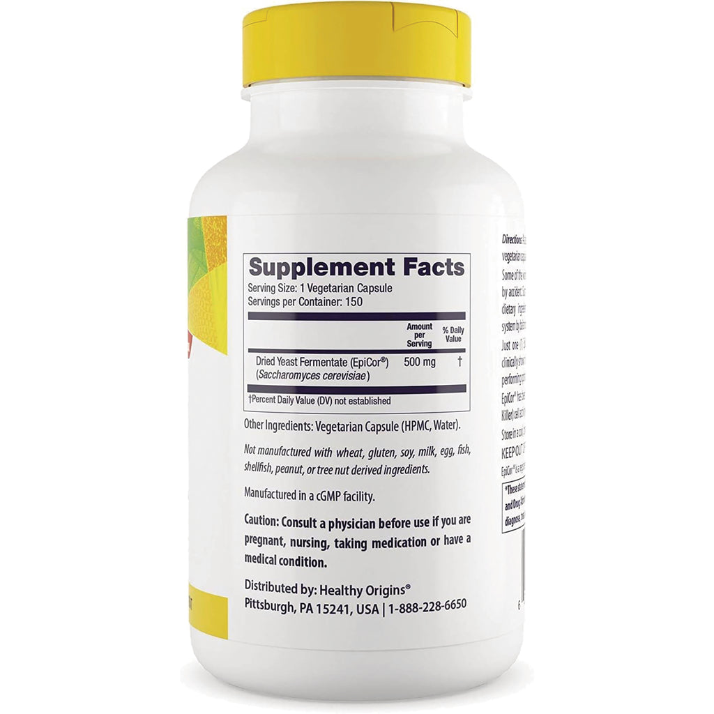 Back of white supplement bottle with Supplement Facts panel showing Dried Yeast Fermentate (EpiCor) 500 mg and caution text - Thumbnail