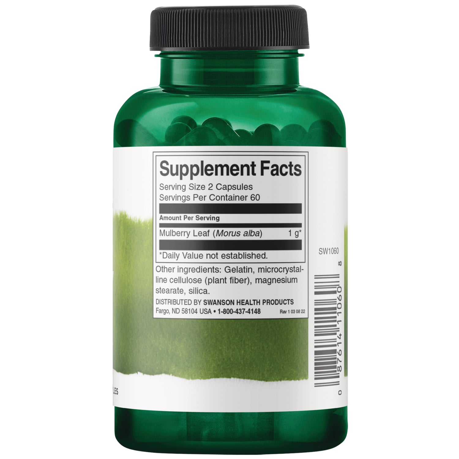 SW1060 | Supplement Facts panel for mulberry leaf capsules, serving size 2, 1 g per serving