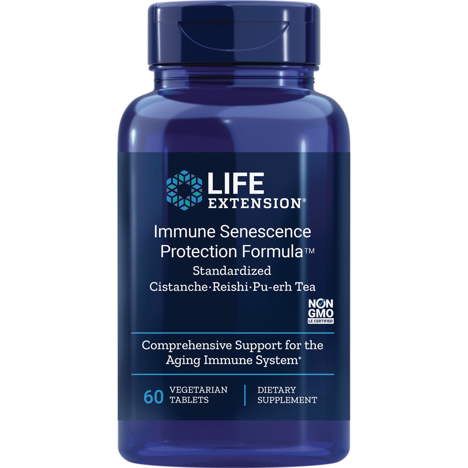 LE579 | Blue Life Extension bottle labeled Immune Senescence Protection Formula, 60 vegetarian tablets, front view