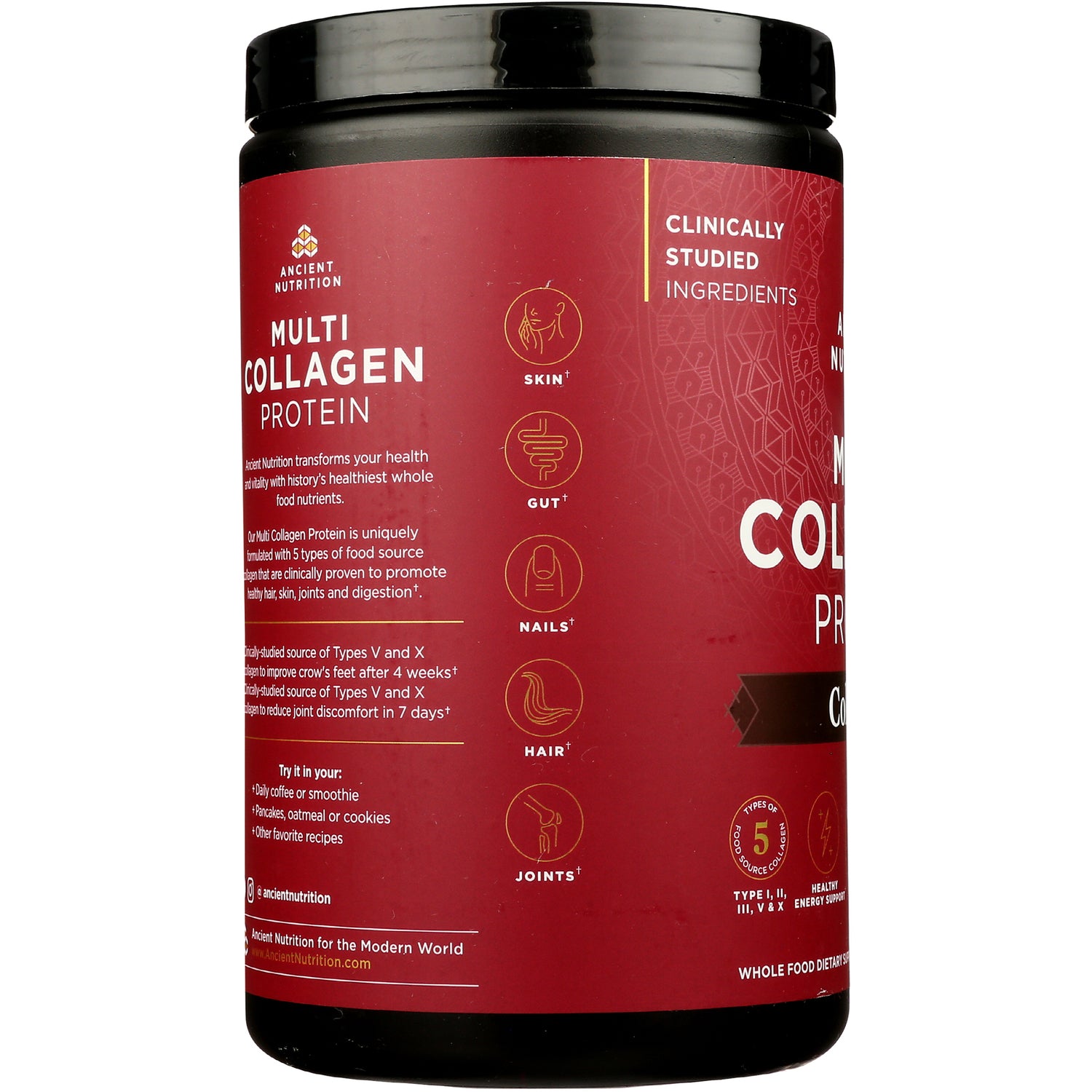 ATN029 | Red-labeled Multi Collagen Protein jar showing infographic icons for skin, gut, nails, hair, joints and Clinically studied ingredients