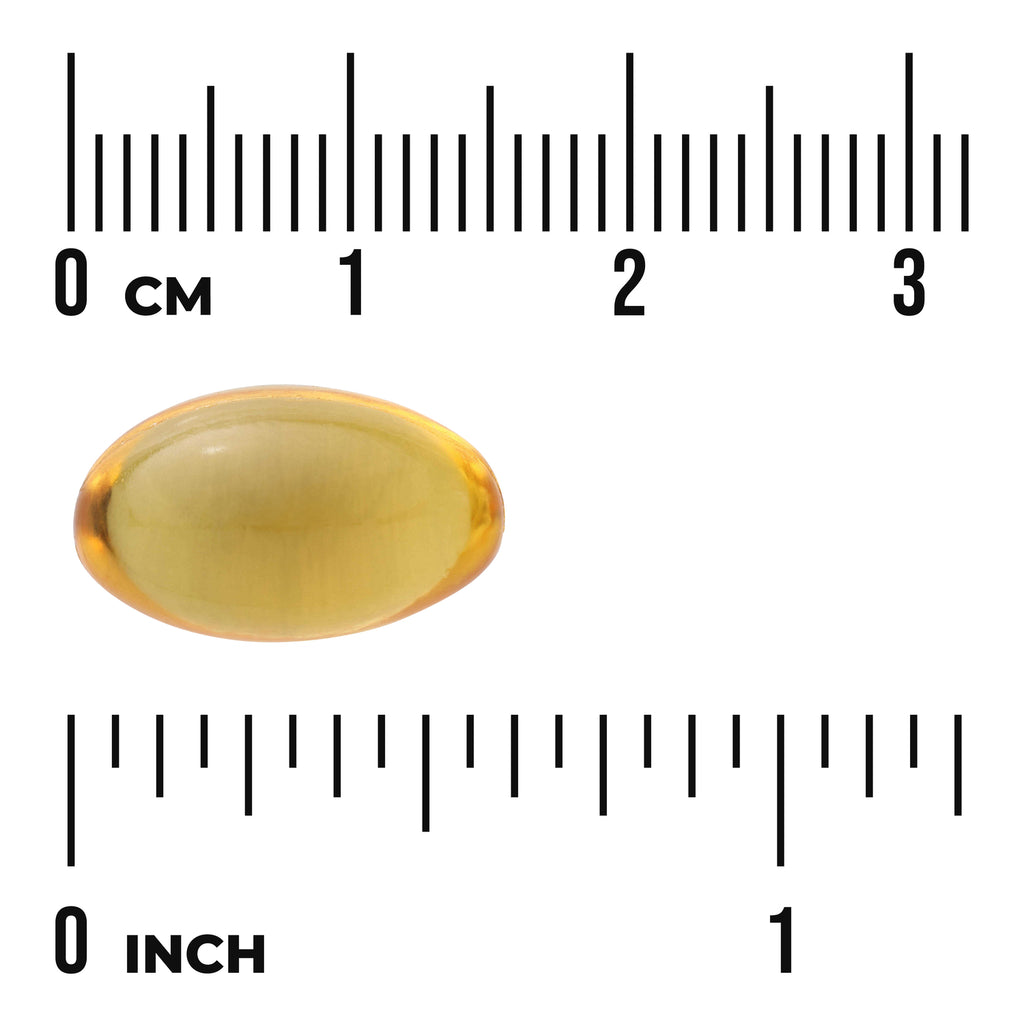 SW151 | Amber softgel capsule on ruler showing size in centimeters and inches, about 2 cm long - Thumbnail