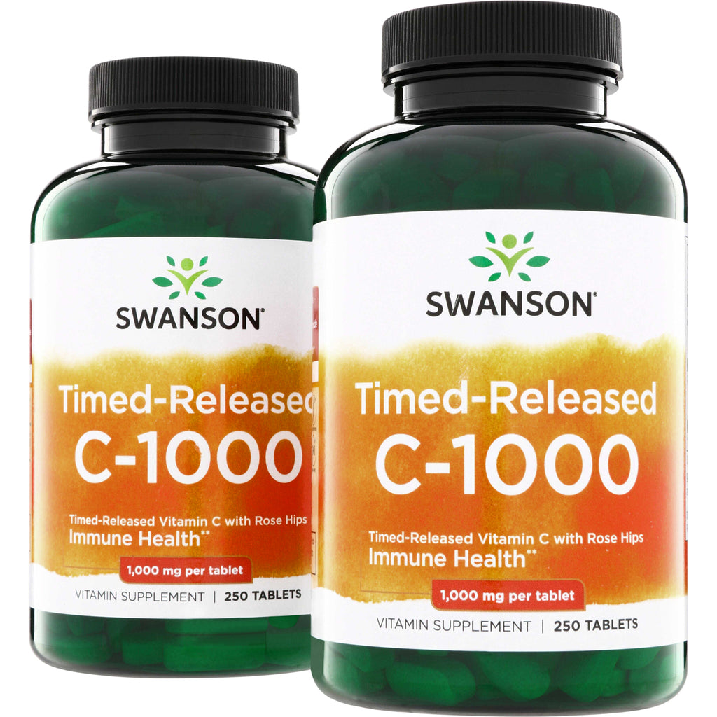 SW099 | Swanson Timed-Released C-1000 vitamin C with rose hips, 1,000 mg per tablet, 250 tablets, front view of two bottles - Thumbnail