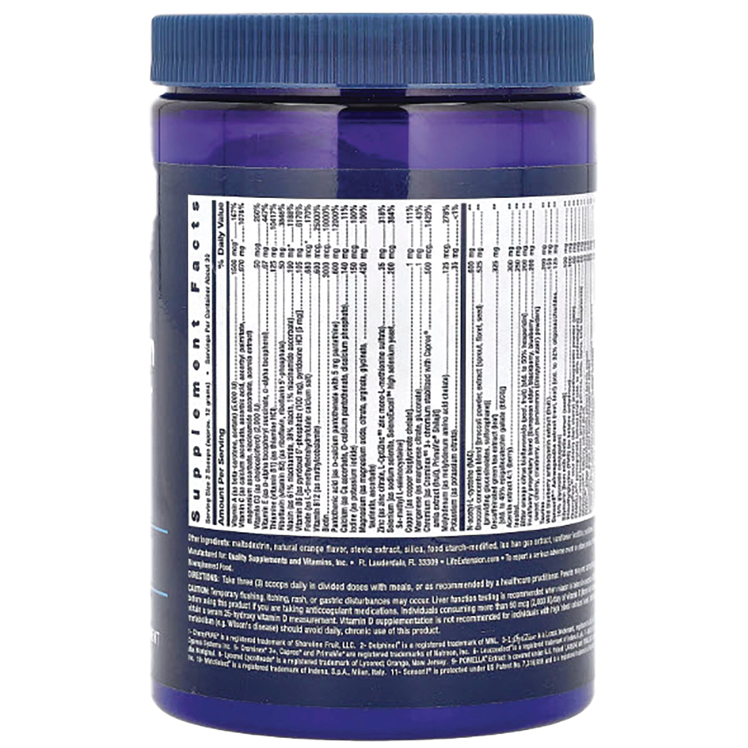 LE466 | back label showing Supplement Facts, ingredients and directions on a blue supplement jar