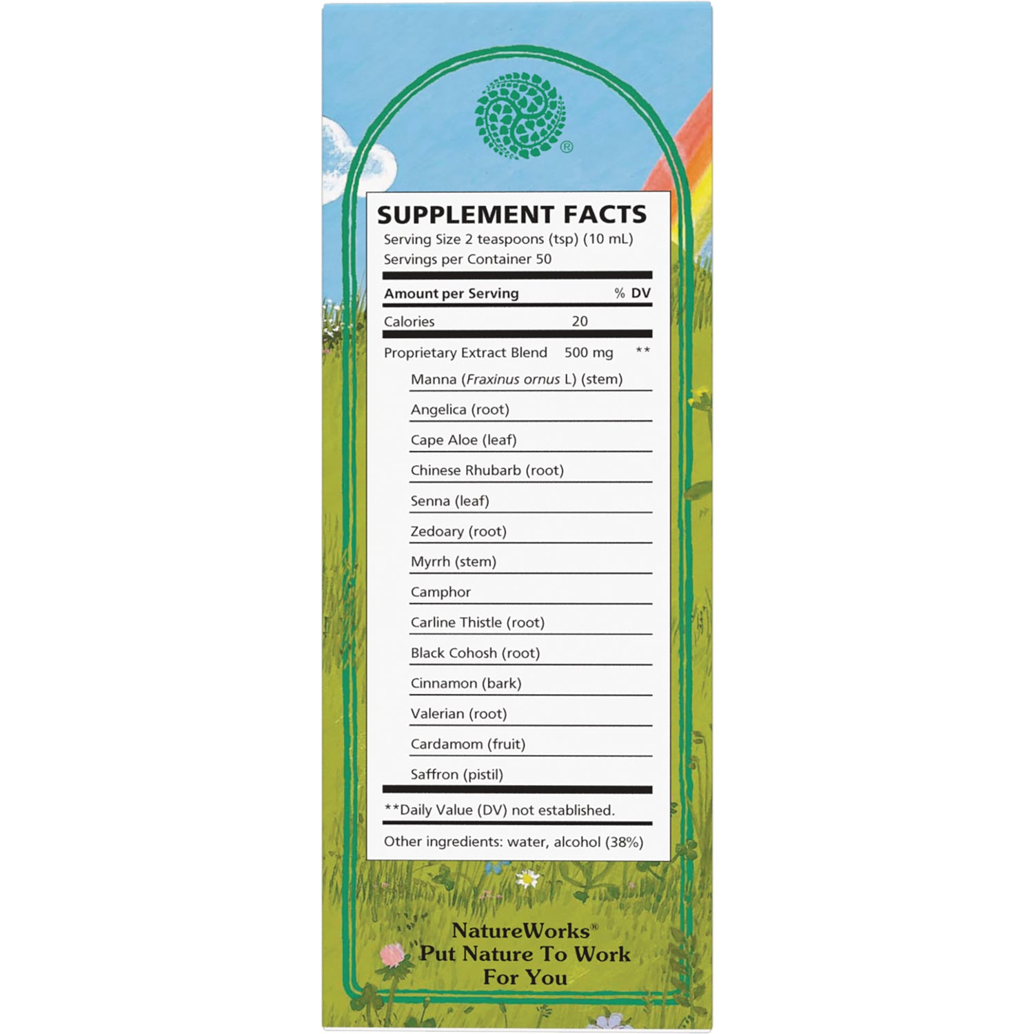 NR003 | Supplement Facts panel showing serving size 2 teaspoons, 500 mg proprietary extract blend ingredient list and other ingredients water, alcohol 38%