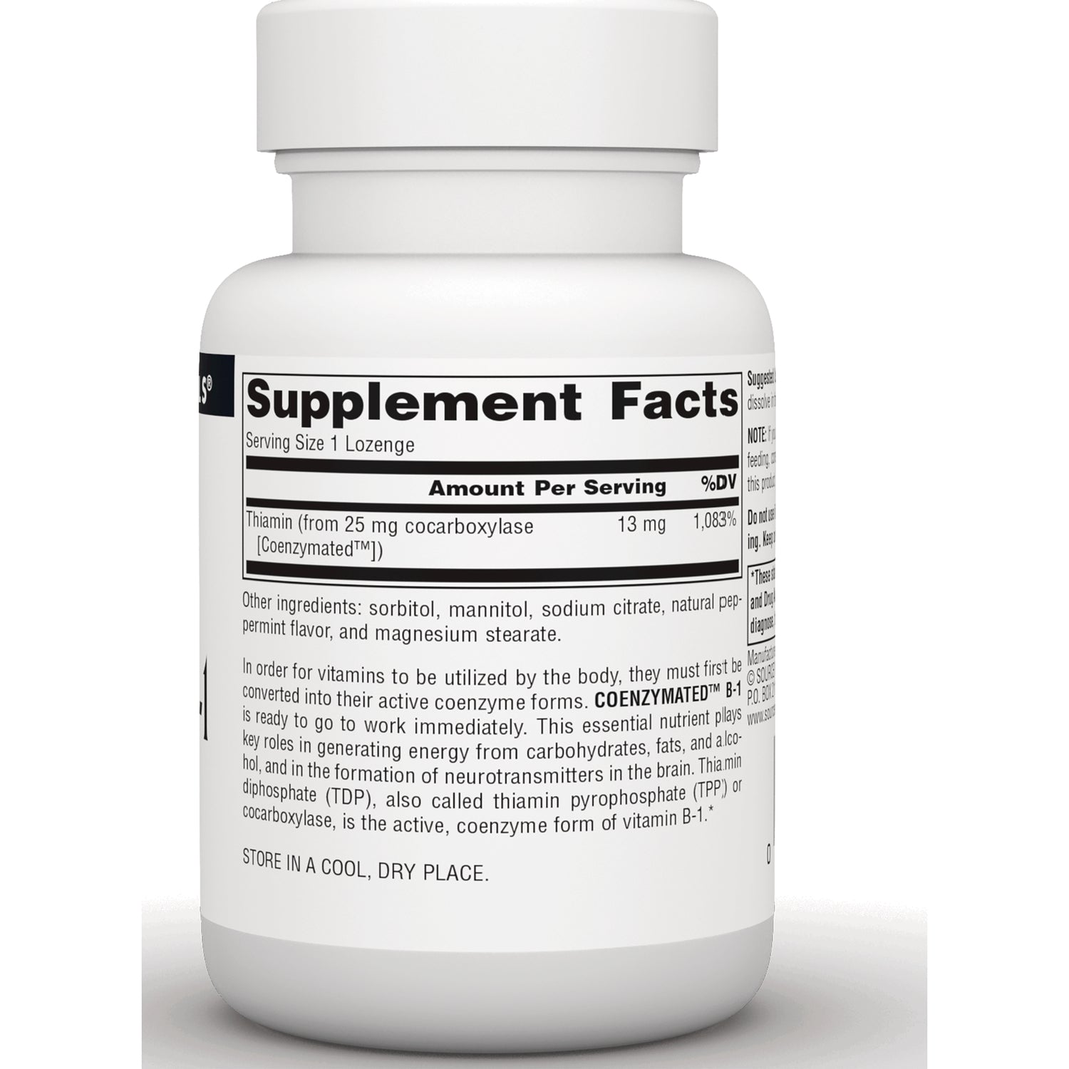 SN235 | Supplement Facts panel on bottle back, serving size 1 lozenge, thiamin 13 mg