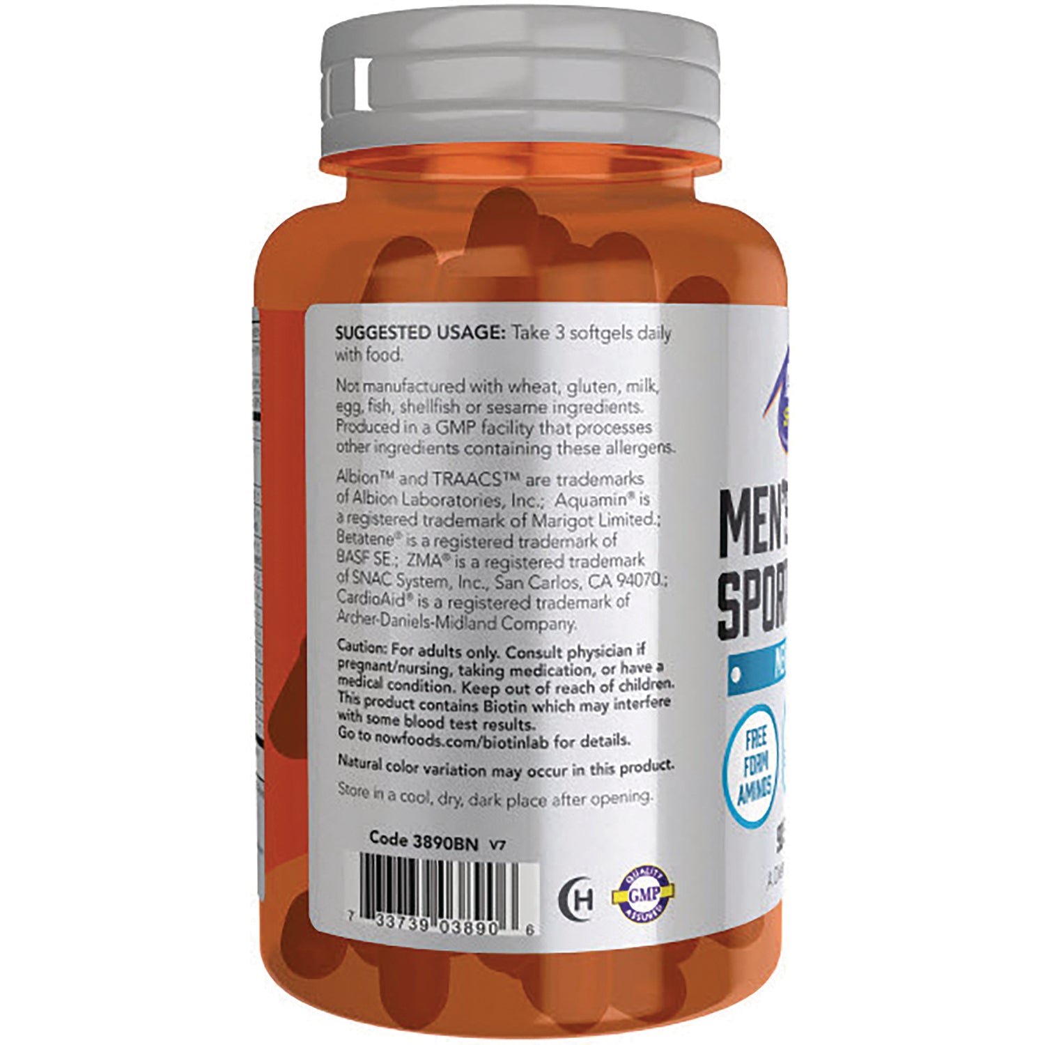 Bottle back label showing suggested usage, ingredient warnings, barcode and GMP seal