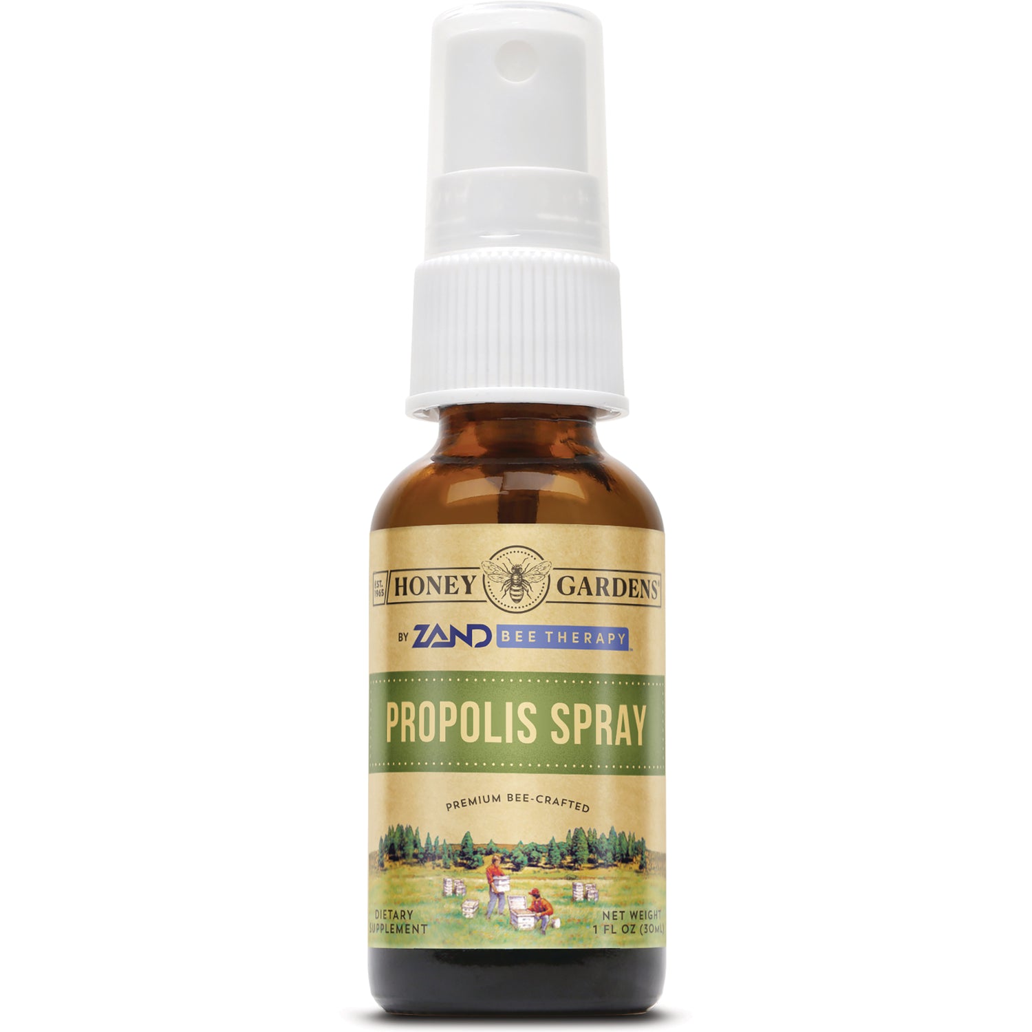 HGR003 | amber glass spray bottle labeled HONEY GARDENS PROPOLIS SPRAY 1 fl oz