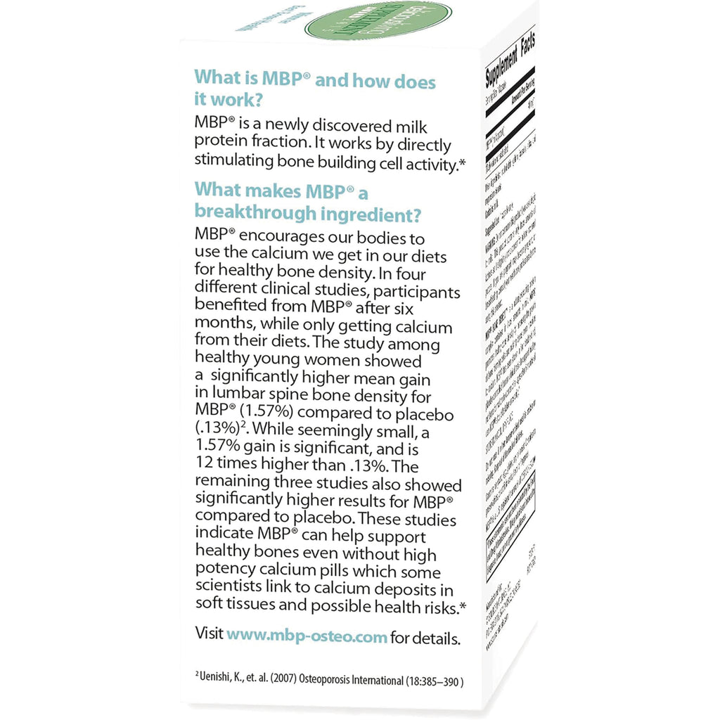 SN549 | Back panel text explaining MBP ingredient benefits for bone density with website www.mbp-osteo.com - Thumbnail