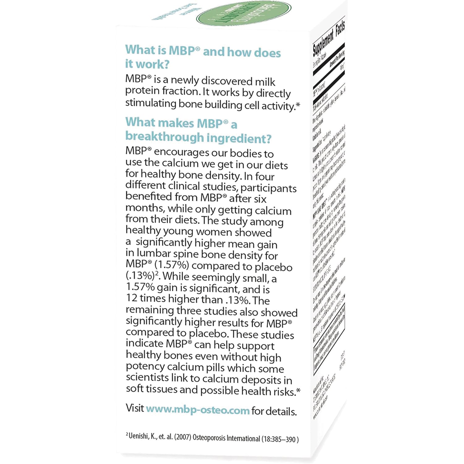 SN549 | Back panel text explaining MBP ingredient benefits for bone density with website www.mbp-osteo.com