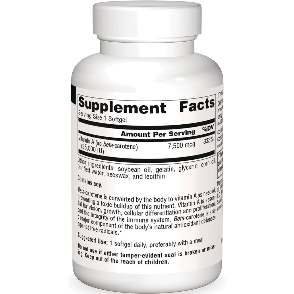 SN504 | Back label showing Supplement Facts with Vitamin A (as beta-carotene) and other ingredients - Thumbnail