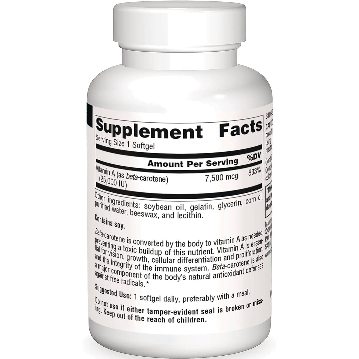 SN504 | Back label showing Supplement Facts with Vitamin A (as beta-carotene) and other ingredients