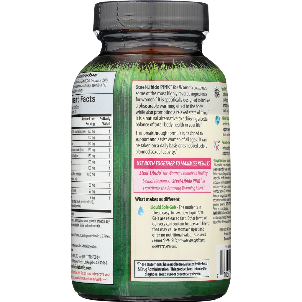 IR282 | back label of green supplement bottle showing Supplement Facts panel and Steel-Libido PINK product information - Thumbnail