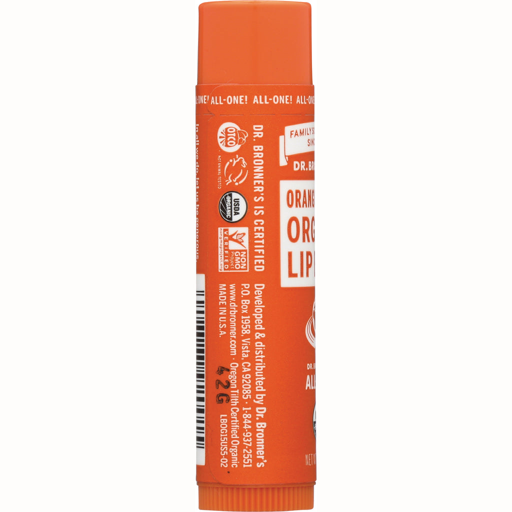 DRB033 | back of orange lip balm tube showing label text, certification icons, barcode, and small product information - Thumbnail