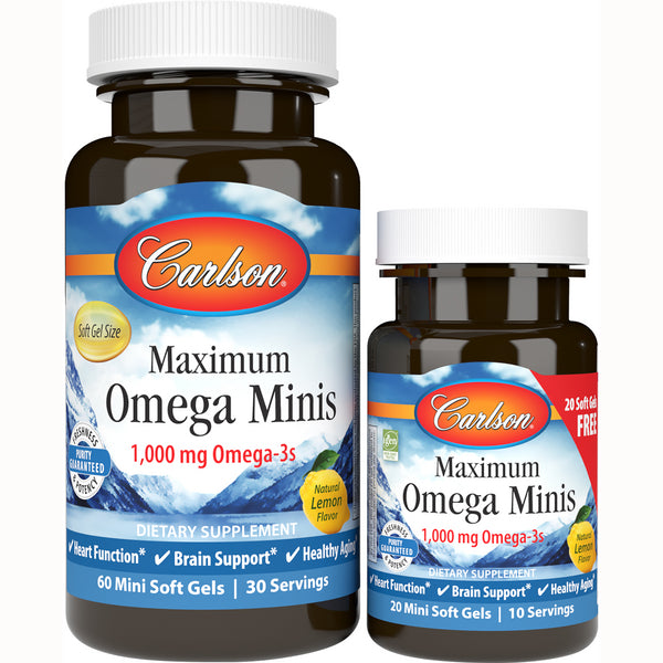 CSN292 | Two Carlson Maximum Omega Minis bottles, front labels showing 1,000 mg Omega-3s and natural lemon flavor