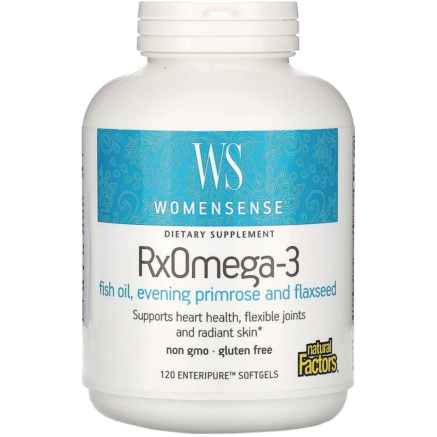 NFC081 | WOMENSENSE RxOmega-3 dietary supplement bottle front, fish oil evening primrose and flaxseed, 120 softgels