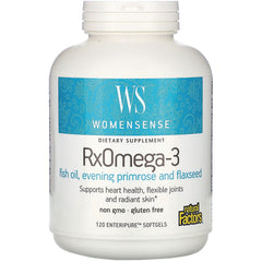 NFC081 | WOMENSENSE RxOmega-3 dietary supplement bottle front, fish oil evening primrose and flaxseed, 120 softgels
