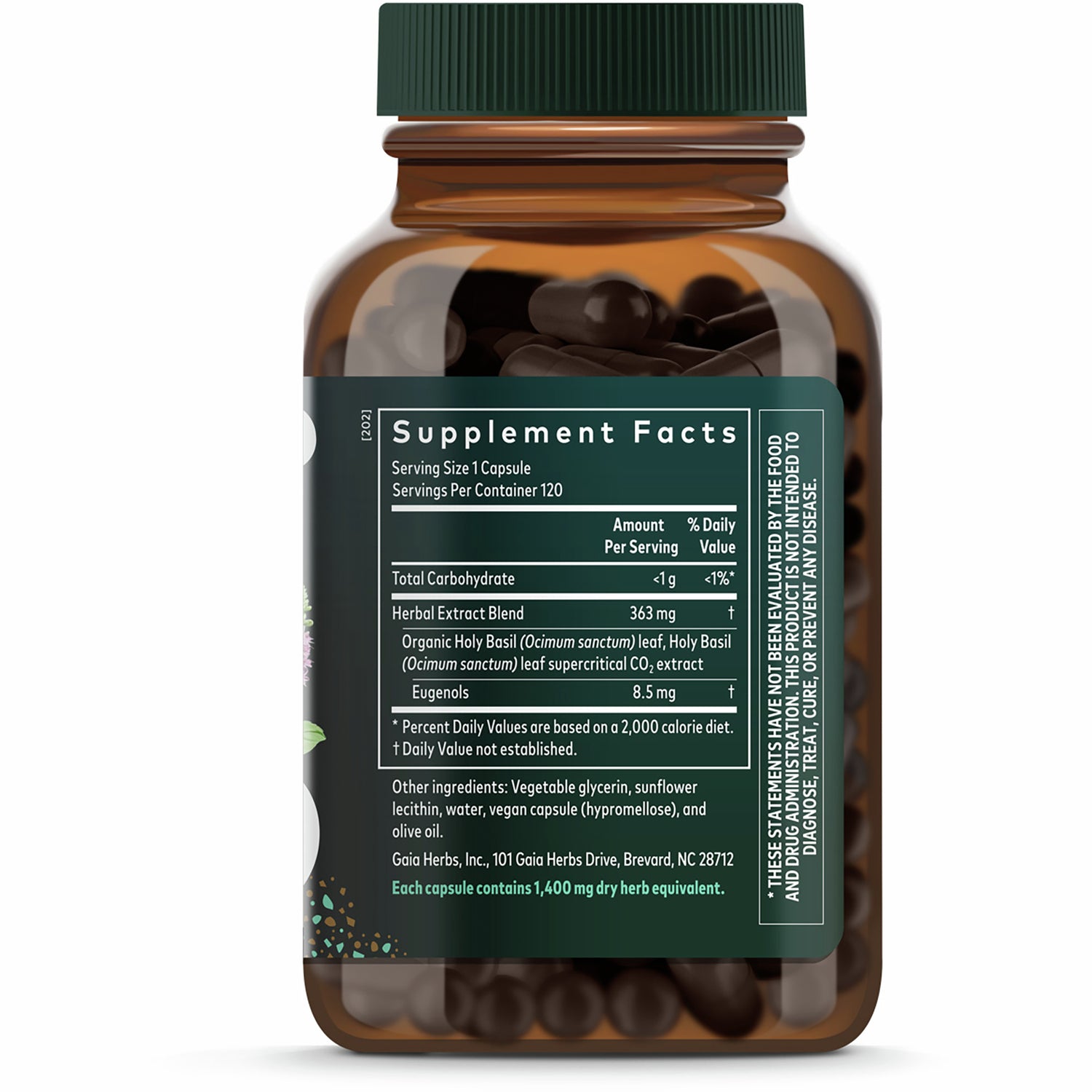 Back of brown supplement bottle showing Supplement Facts panel, ingredient list and Gaia Herbs branding