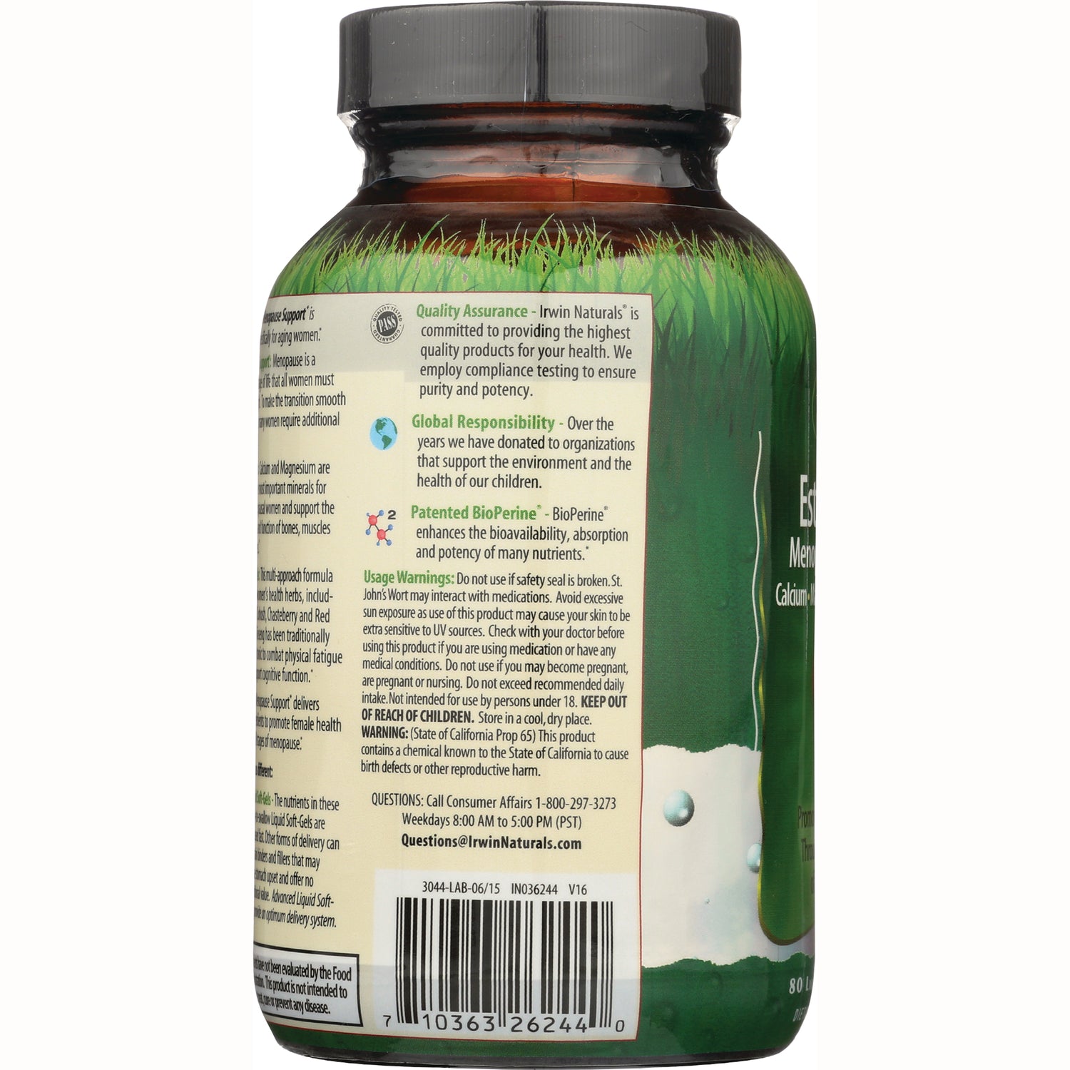 IR074 | back label of supplement bottle showing quality assurance, usage warnings, ingredient text and barcode