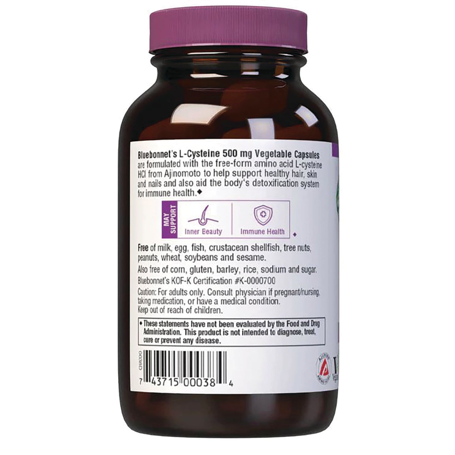 BLU084 | Back of brown supplement bottle showing L-Cysteine 500 mg label text, ingredient info and barcode