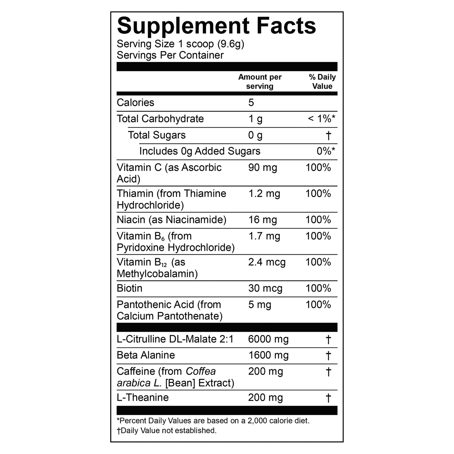 VGA008 | Supplement Facts panel with vitamins, L-Citrulline DL-Malate 2:1 6000 mg, caffeine 200 mg, and L-theanine 200 mg