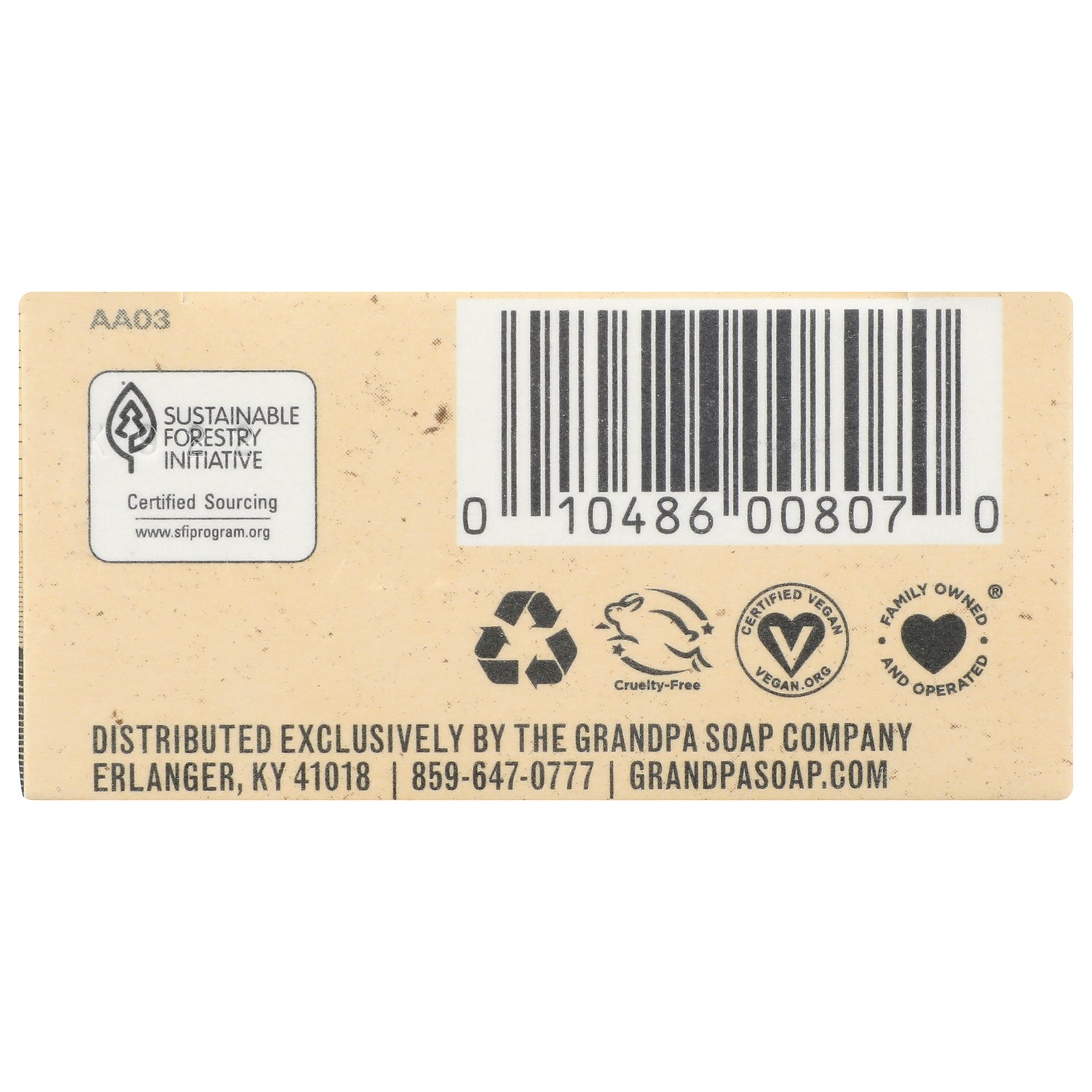 GP028 | product back label with barcode, recycling, cruelty-free and vegan icons and distributor text Grandpa Soap Company