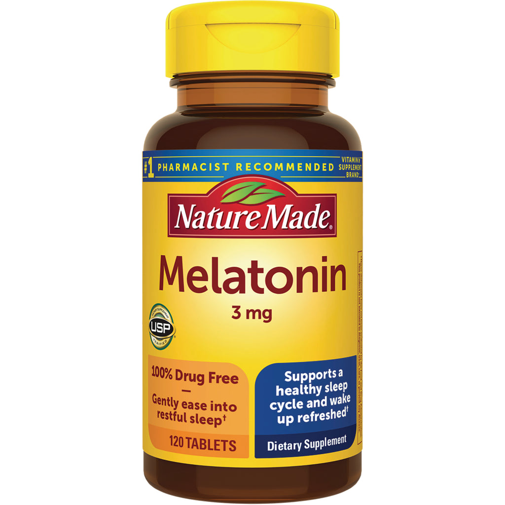 NTM142 | Nature Made Melatonin 3 mg supplement bottle, 120 tablets, yellow label - Thumbnail