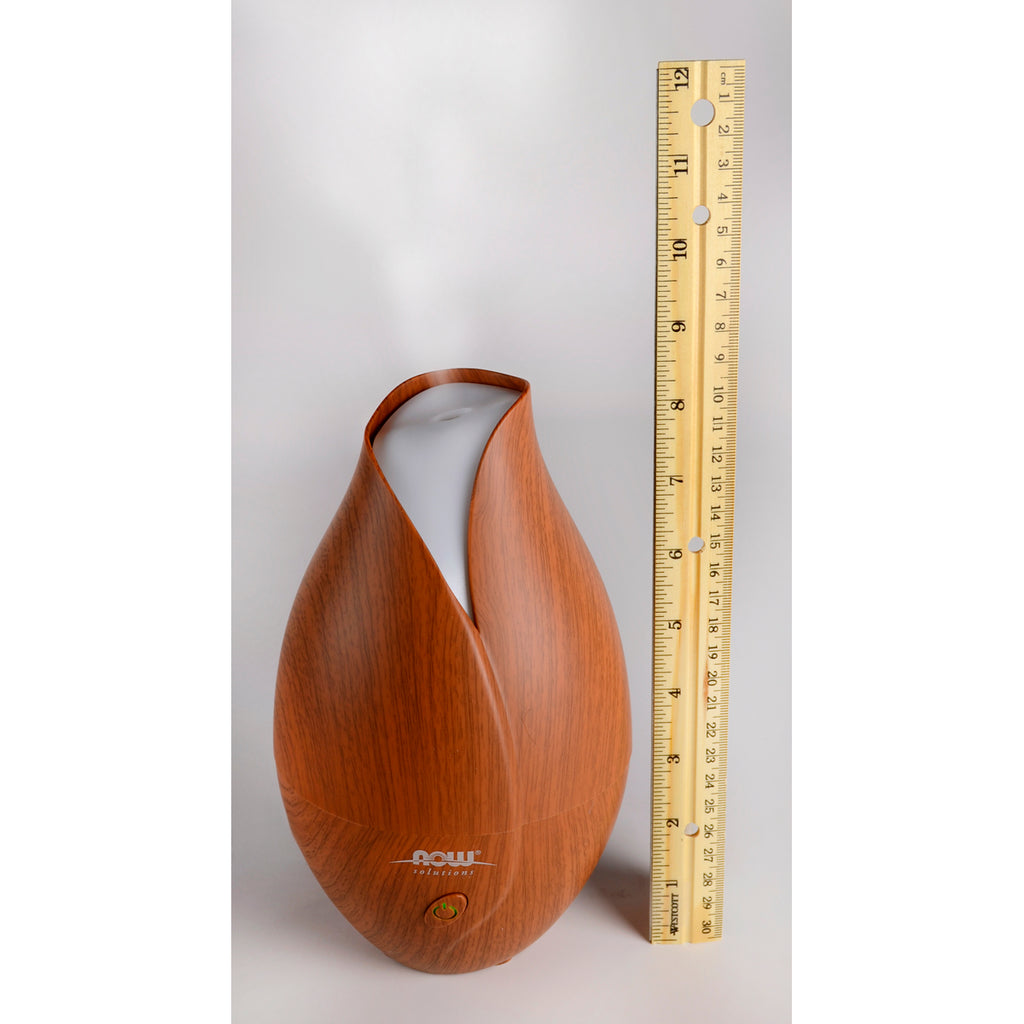NWF1233 | wood-grain tulip-shaped ultrasonic diffuser beside ruler for scale labeled NOW solutions - Thumbnail