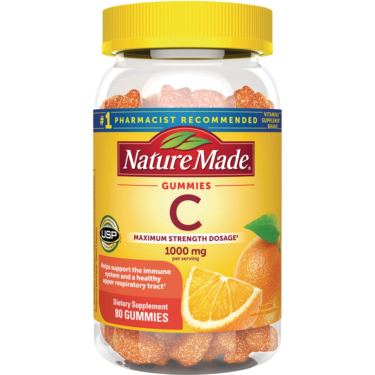 NTM133 | Nature Made Vitamin C gummies 1000 mg bottle with yellow label and visible orange gummy pieces