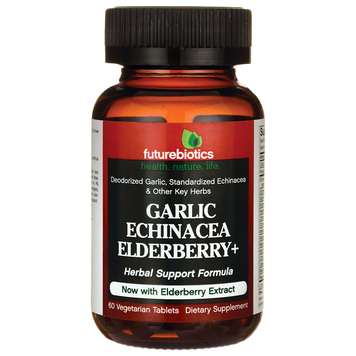 Amber supplement bottle labeled futurebiotics GARLIC ECHINACEA ELDERBERRY+ Herbal Support Formula