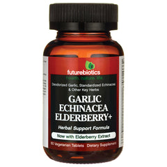 Amber supplement bottle labeled futurebiotics GARLIC ECHINACEA ELDERBERRY+ Herbal Support Formula