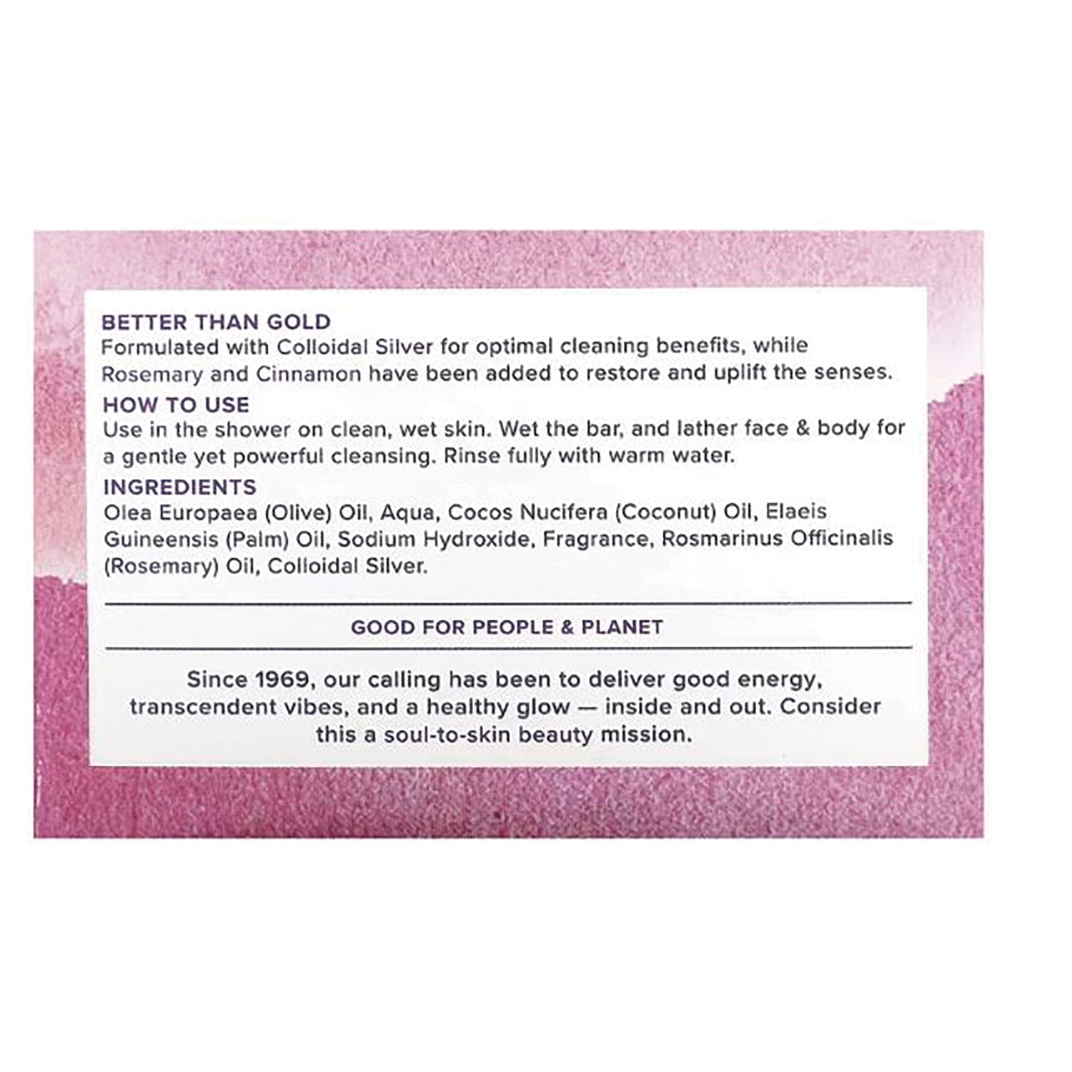 HTG020 | Back label with BETTER THAN GOLD heading, ingredients list, usage instructions, and Good for People & Planet message